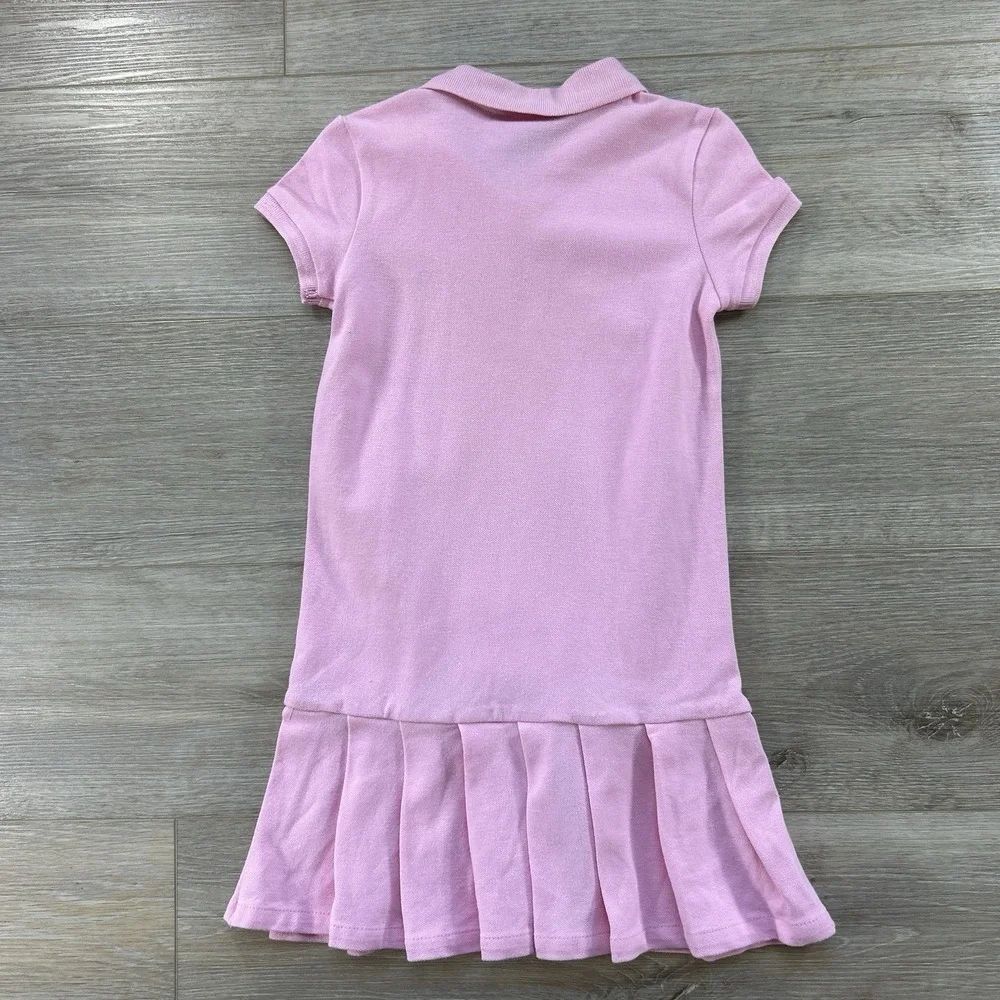 Ralph Lauren Girls 5 Pink Mesh Polo Dress Embroidered‎ Navy Pony Pleated Skirt